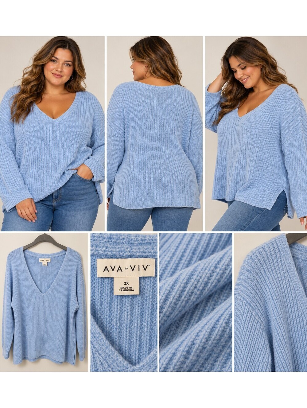 Ava and Viv Light Blue Rib Knit V Neck Sweater size 2x